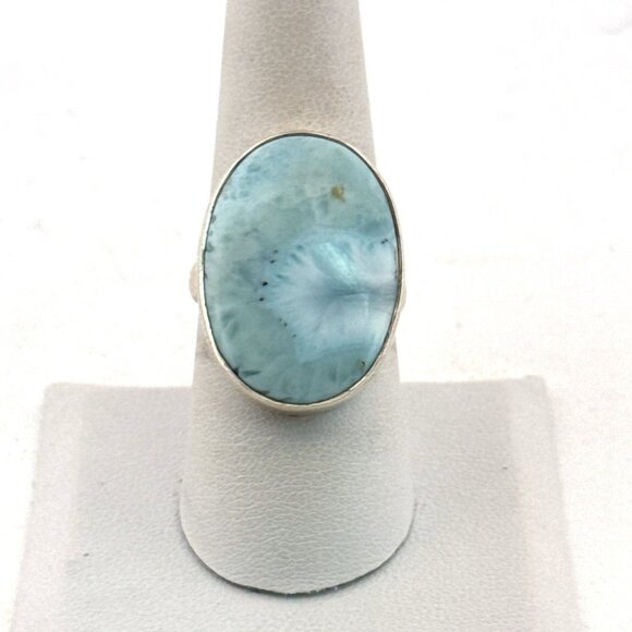 Estate Sterling Silver 925 Oval Larimar Gemstone Ring Size 8, 9.1g Statement - Picture 1 of 8